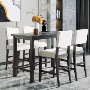 5-Piece Counter Height Dining Set with Wooden Table and 4 Cushioned Chairs for Kitchen or Living Room