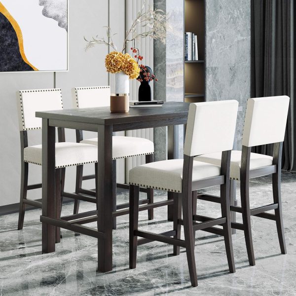 5-Piece Counter Height Dining Set with Wooden Table and 4 Cushioned Chairs for Kitchen or Living Room