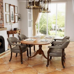 Set of 4 Espresso & Dark Brown Wooden Dining Chairs with Casters and Arms (No Table)