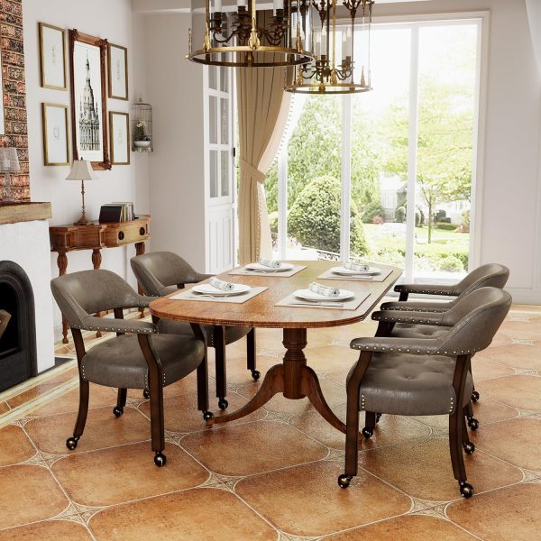 Set of 4 Espresso & Dark Brown Wooden Dining Chairs with Casters and Arms (No Table)
