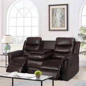 Faux Leather 3-Seat Recliner Loveseat with Console, Drop-Down Table, Storage, and Cup Holders