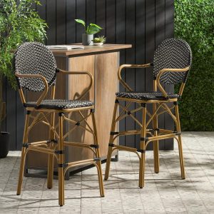 Set of 2 French Bamboo Print Patio Bar Stools, 29.25" Black Rattan with Armrests and Footrest