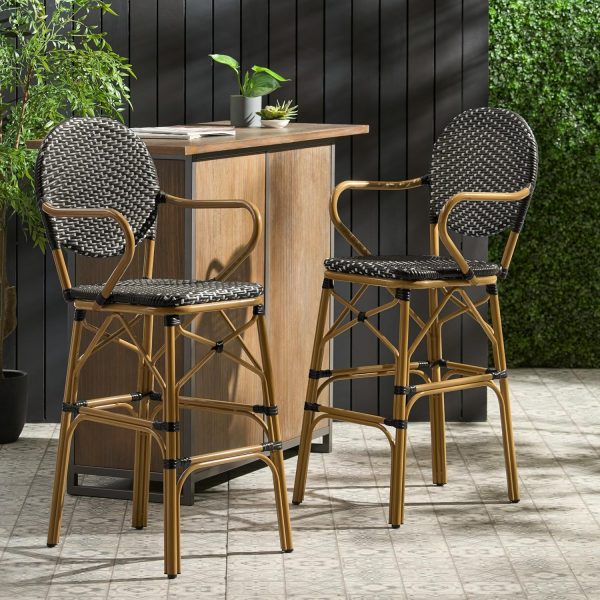 Set of 2 French Bamboo Print Patio Bar Stools, 29.25" Black Rattan with Armrests and Footrest