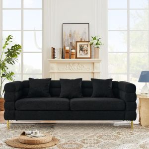 81-Inch Black Teddy Sofa with Gold Metal Legs, 3-Seater Tufted Cloud Couch for Living Room