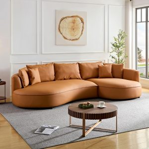 Curved Leather Sectional Sofa with Pillows (Orange, Right Chaise) for Living Room