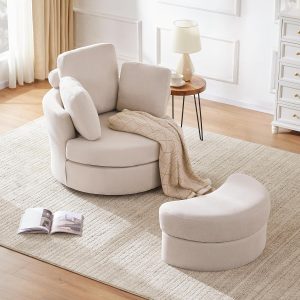 39" Beige Swivel Accent Barrel Chair with Removable Headrest, Neck Pillow, and Ottoman