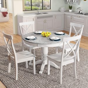 5-Piece Kitchen Table Set: Round Faux Marble Table & 4 Wooden Chairs