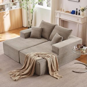 74.8" Oversized Corduroy Sectional Double Chaise Lounge Sofa Bed, Camel