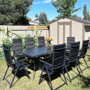PURPLE LEAF 9-Piece Patio Dining Set with 8 Folding Reclining Chairs and 1 Rectangular Aluminum Table, Black