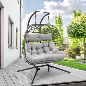 Brafab Double Egg Chair with Stand, Large Wicker Hanging Loveseat for Two, with Cushion and Steel Frame for Indoor/Outdoor Use