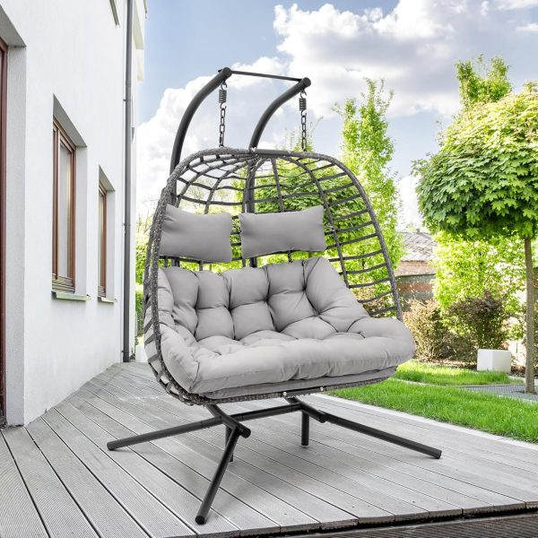 Brafab Double Egg Chair with Stand, Large Wicker Hanging Loveseat for Two, with Cushion and Steel Frame for Indoor/Outdoor Use
