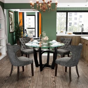 48" Round Tempered Glass Dining Table with 4 Tufted Chairs, Clear & Charcoal Gray