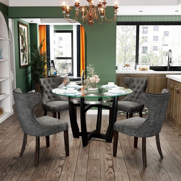 48" Round Tempered Glass Dining Table with 4 Tufted Chairs, Clear & Charcoal Gray