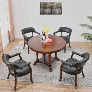 Set of 4 Captain's Dining Chairs with Casters, Curved Backrest, Cherry & Black (No Table)