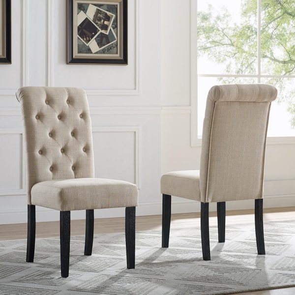 Roundhill Furniture Leviton Wood Tufted Dining Chairs, Set of 2, Tan